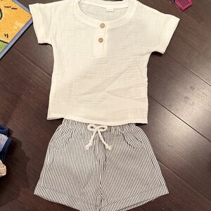 Girls' White Button Henley Top & Striped Drawstring Shorts Set